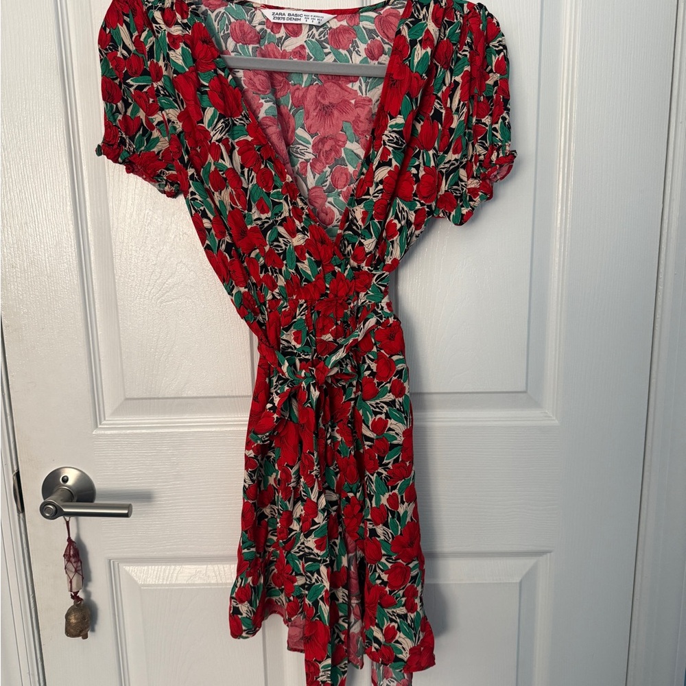 Zara Red and Green Floral Mini Dress